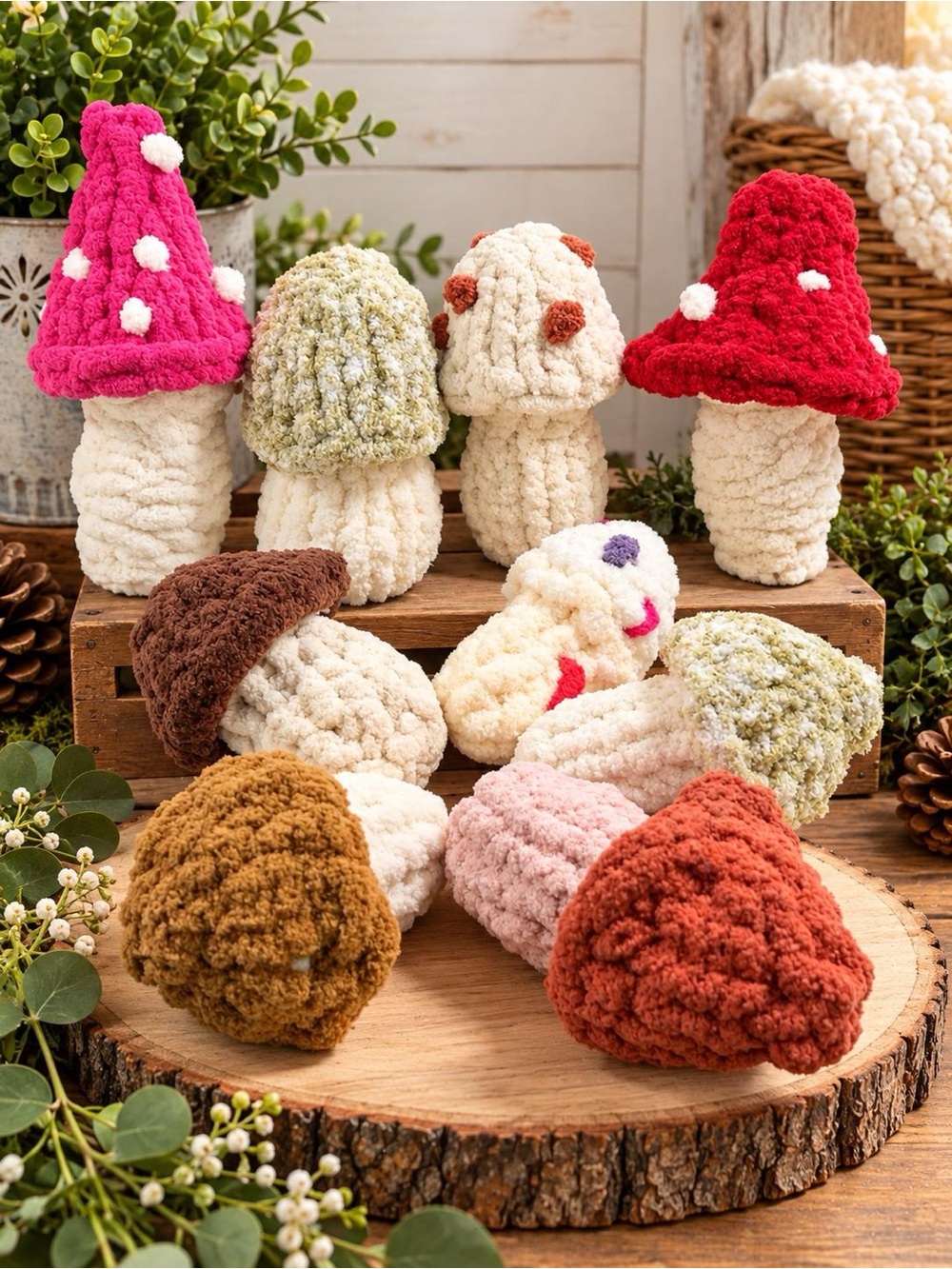 Hand Crafted Plush Mushroom Collection in Pink, Red, Green, Brown, Cream